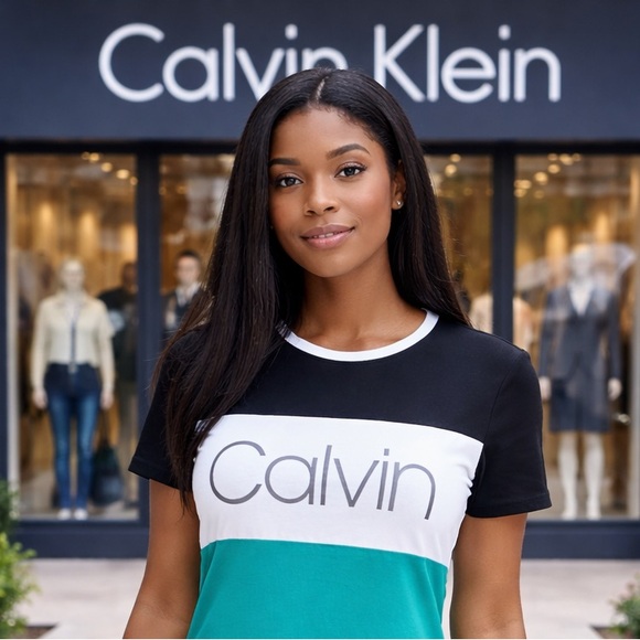 Calvin Klein Black, White, and turquoise Mini Dress Ptp 20” - Picture 2 of 6